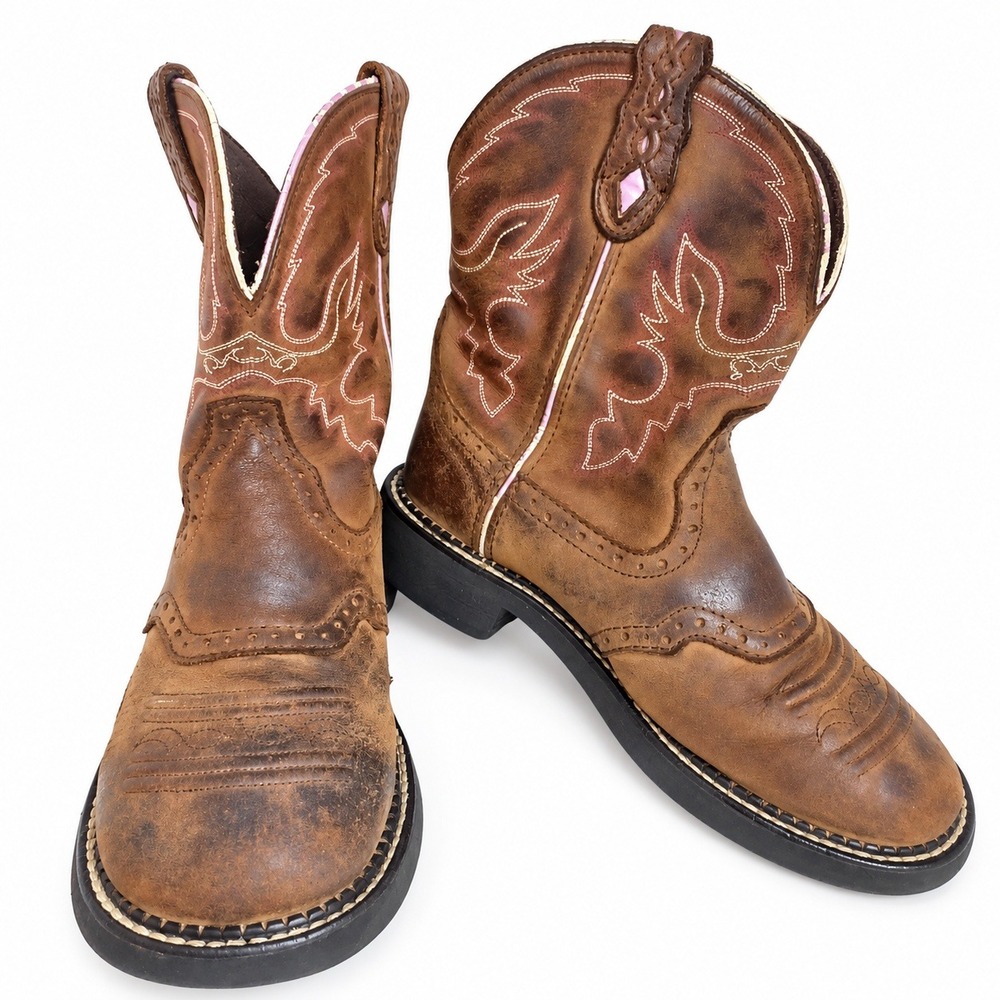 Justin Gypsy Women 7.5B Brown Pink Leather Western Boots Y2K Cowgirl L9903